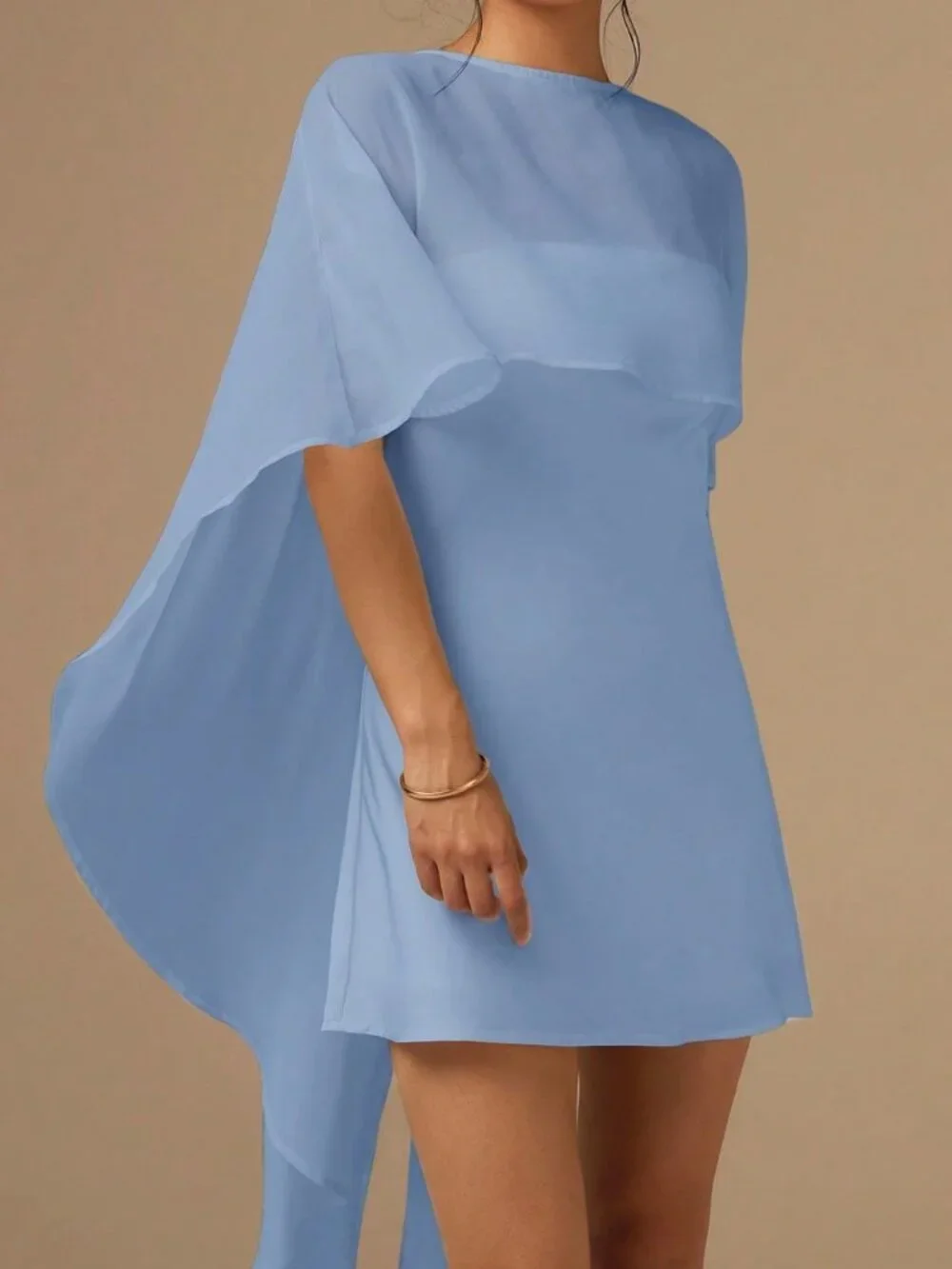 Baby Blue Satin Bias-Cut Women's Mini Dress with Cape Shawl - Picture 5 of 7